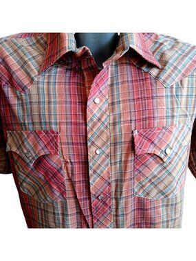 True Vintage Western Shirt Medium 1980's Mustang Plaid Thin Cowboy Snap Buttons